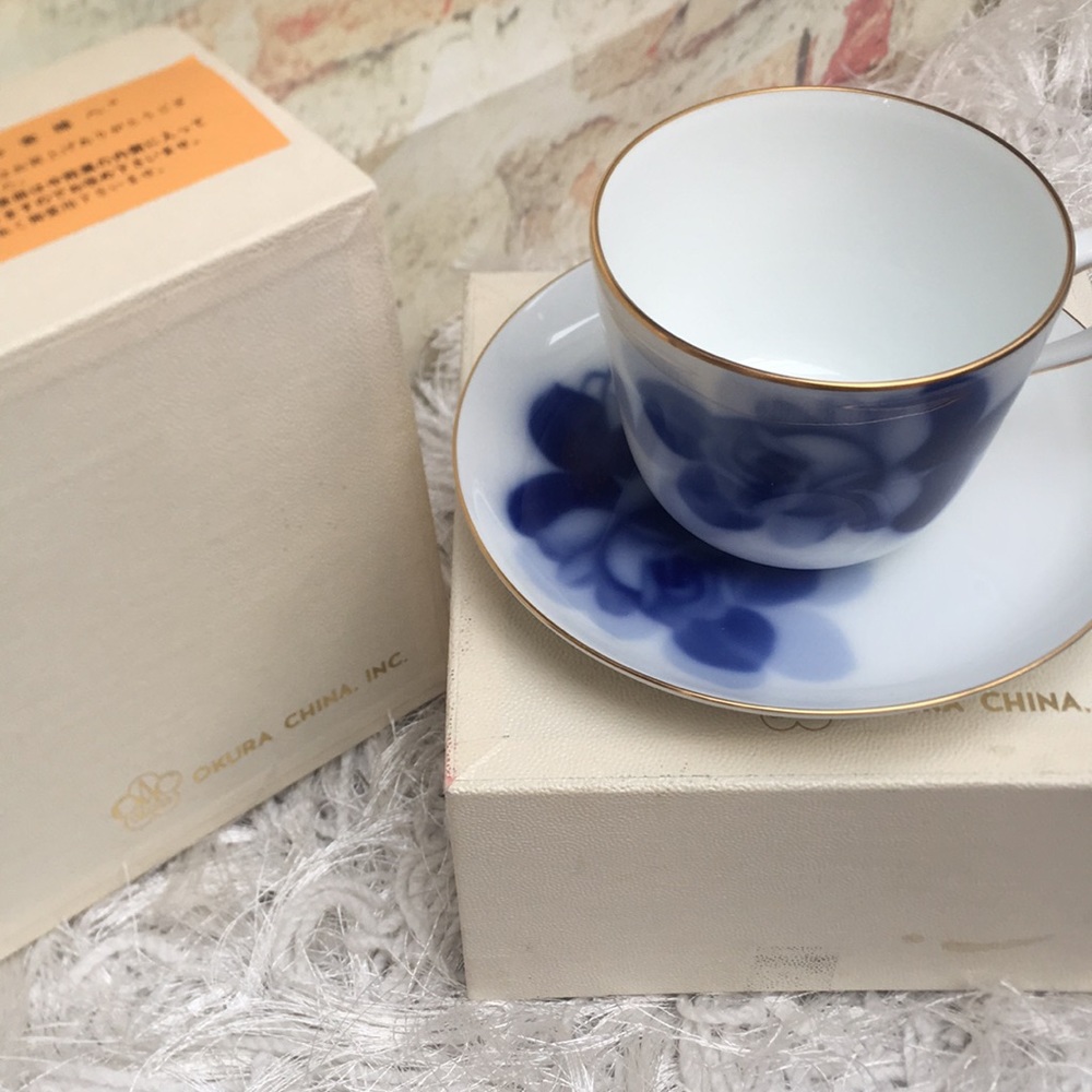 Okura China Fine Porcelain Art Blue Rose Cup Set - Picture 2 of 14